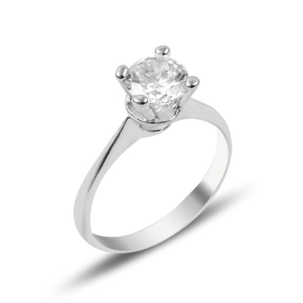Modern CZ Solitaire Silver Round Cut White Gold Ring