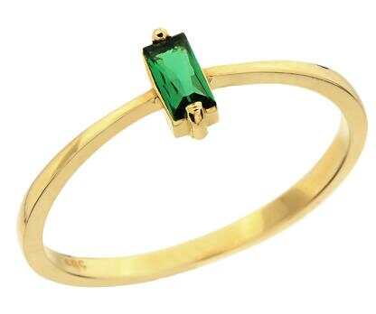 Modern CZ Solitaire Silver Emerald Stone Yellow Gold Ring