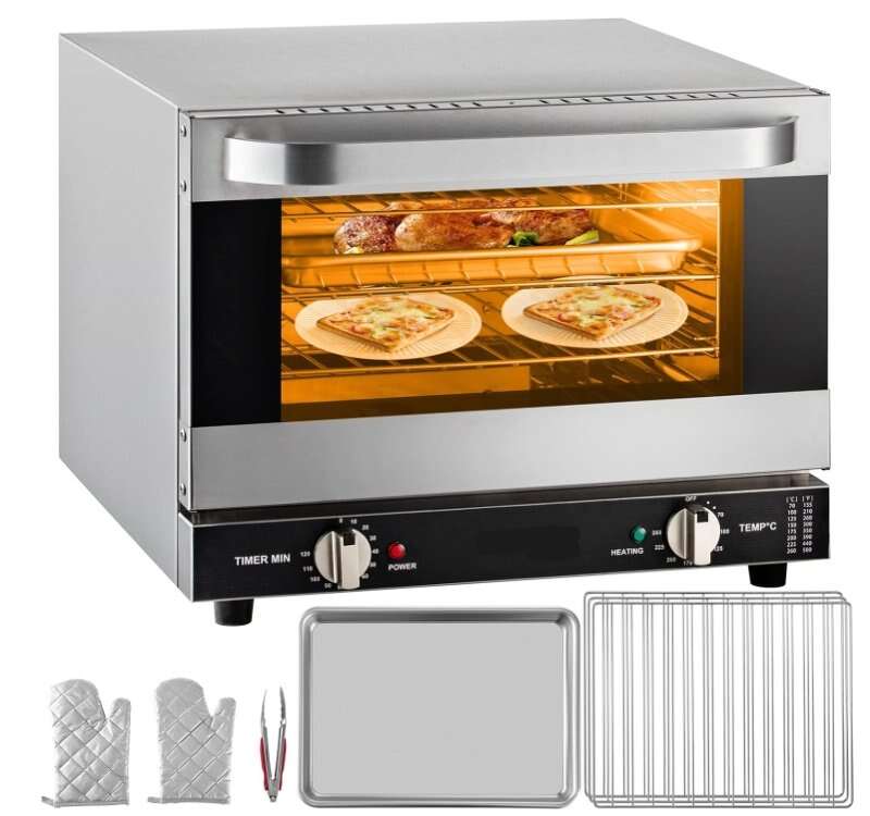 Commercial Convection Oven 47L, 1600W Half-Size Electric Baking Oven, 4-Tier Countertop Toaster w/Glass Door, Trays & Racks