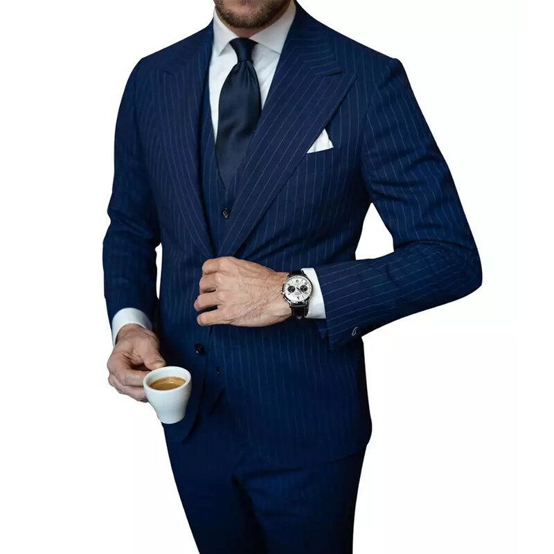 New Men's Suits Solid Color Stripe Casual Plus Size Suit Three Piece Slim Groom Wedding Dress