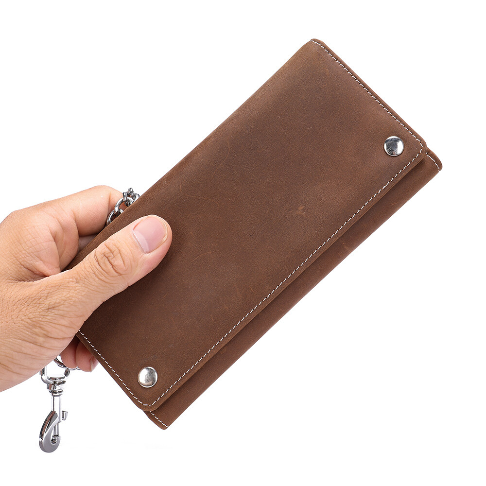 mens long leather wallet with chain, genuine leather rfid long wallet, genuine leather mens trifold wallet, mens genuine leather trifold wallet, large capacity leather wallet, men's leather wallet with rfid blocking protection