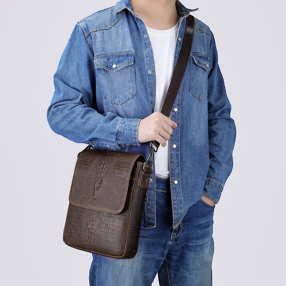 bolso de cocodrilo en relieve, bolso de cuero de cocodrilo en relieve, bolso de mensajero con solapa de cuero, bolso de mensajero de cuero genuino para hombre