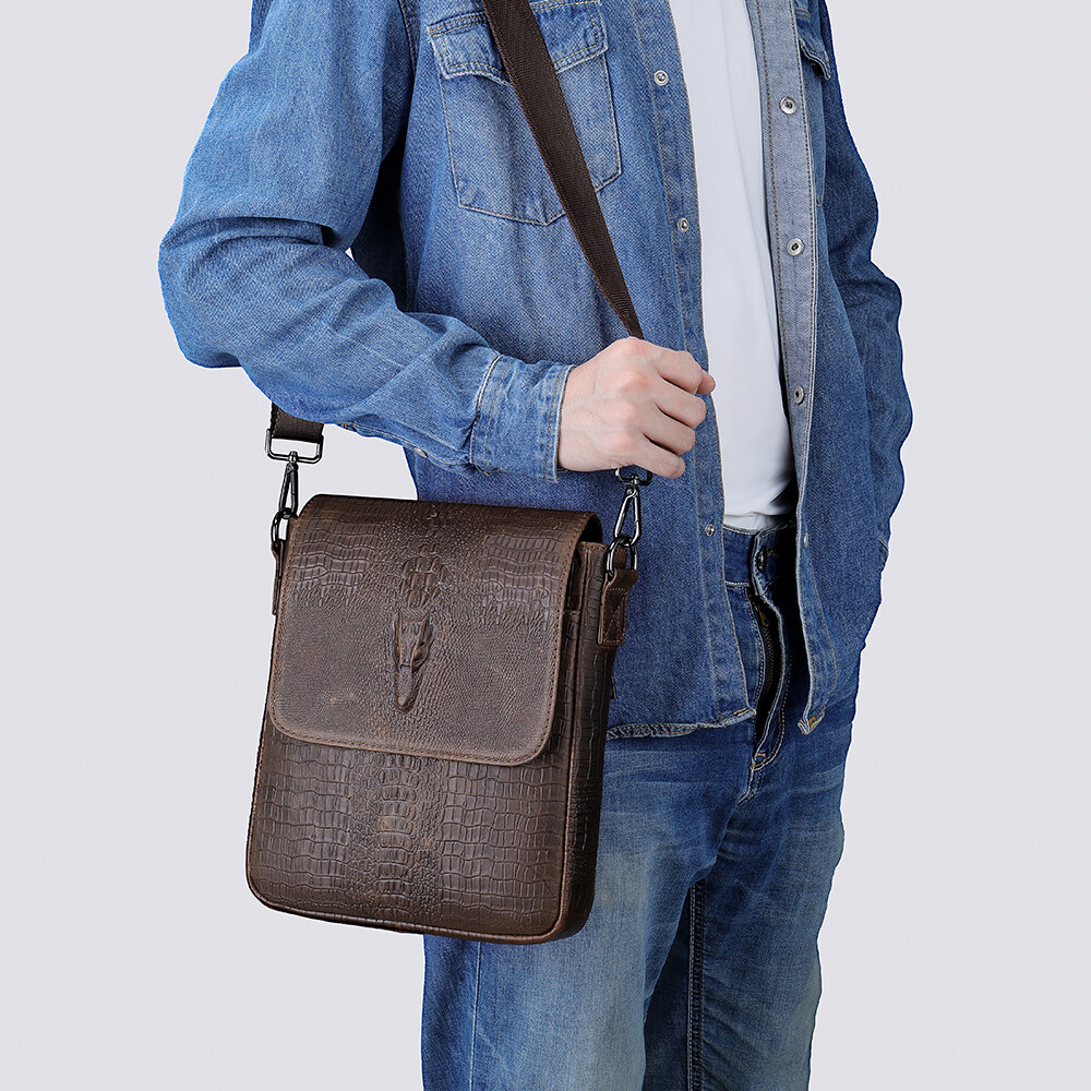 sac en relief crocodile, sac en cuir en relief crocodile, sac messager à rabat en cuir, sac messager en cuir véritable pour hommes