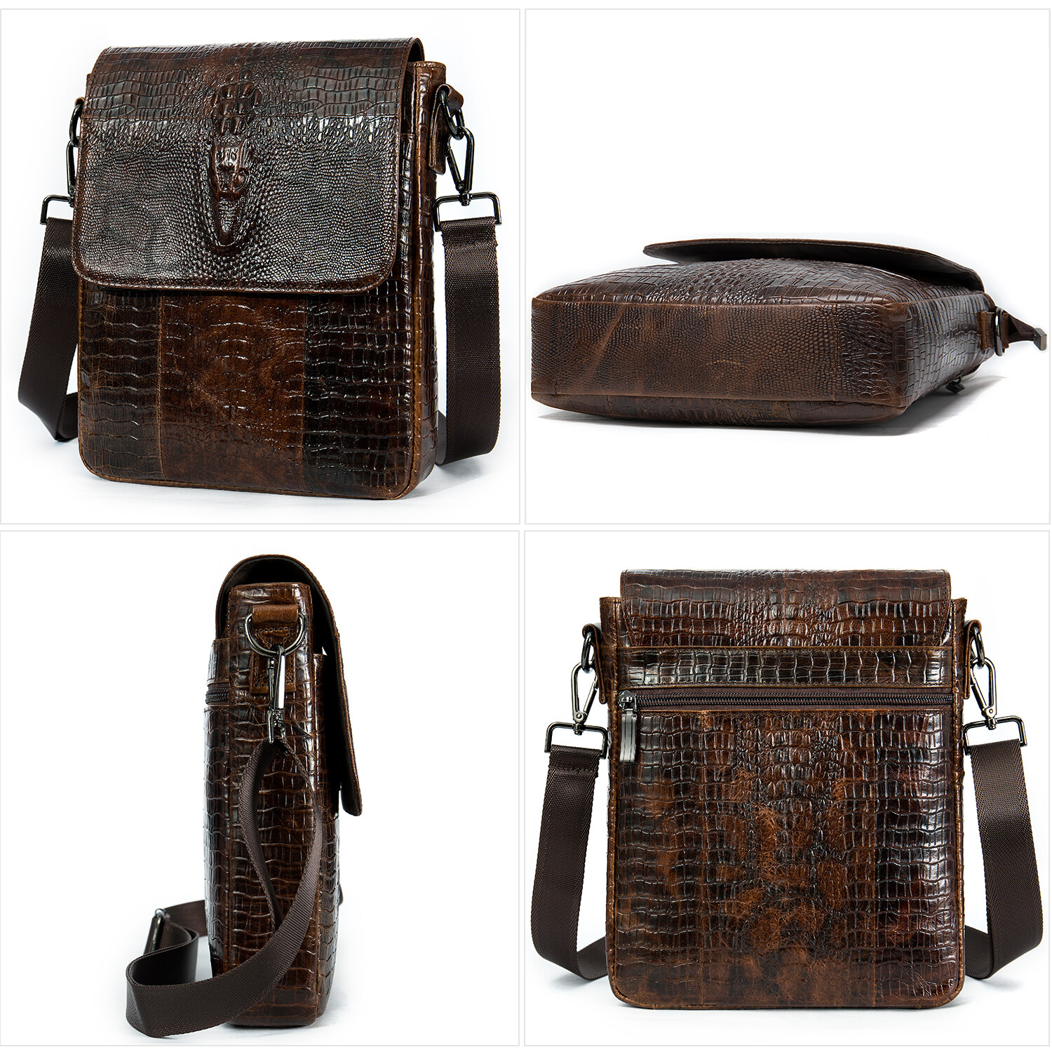 crocodile embossed bag, crocodile embossed leather bag, leather flap messenger bag, genuine leather mens messenger bag