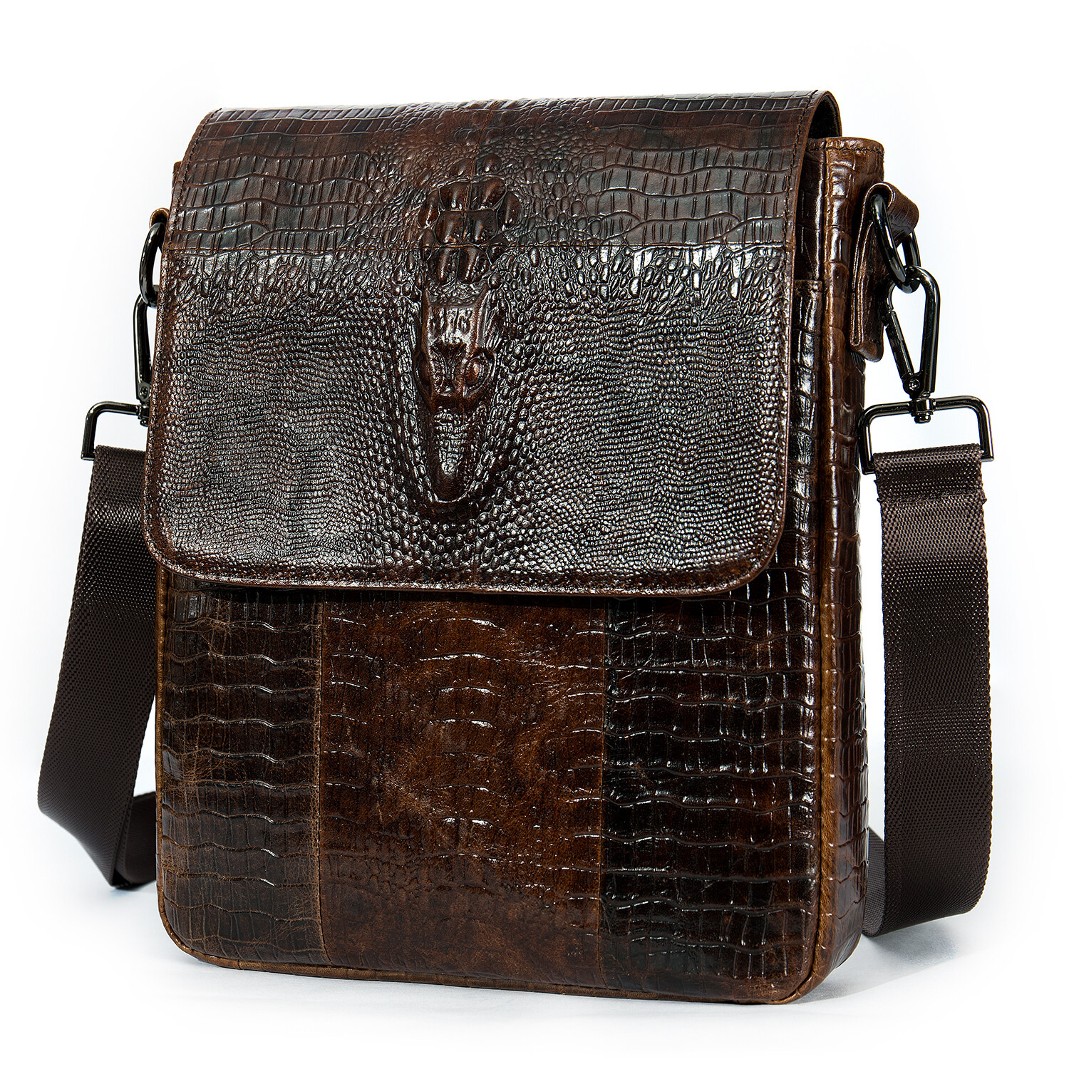 crocodile embossed bag, crocodile embossed leather bag, leather flap messenger bag, genuine leather mens messenger bag