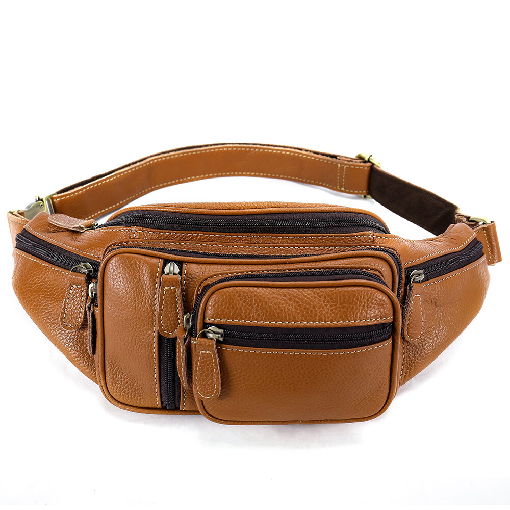 Vintage Multifunctional Large Men Waterproof Genuine Leather Waist Bag