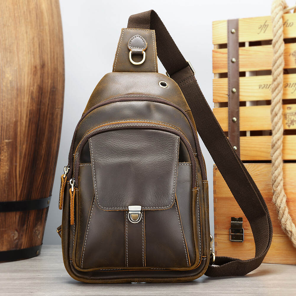 NIUCUNZH Genuine Leather Shoulder Backpack Satchel Chest Bag Handmade Crossbody Bag Leather Chest Sling Bag Men