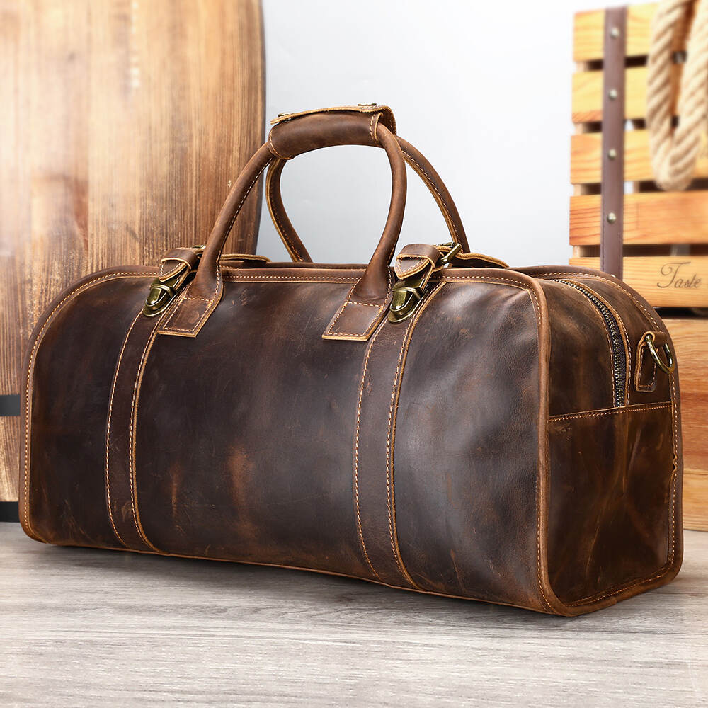 NIUCUNZH Men Crazy Horse Leather Weekend Overnight Gym Bag Large Capacity Leather Travel Bag Genuine Leather Duffle Bag for Men