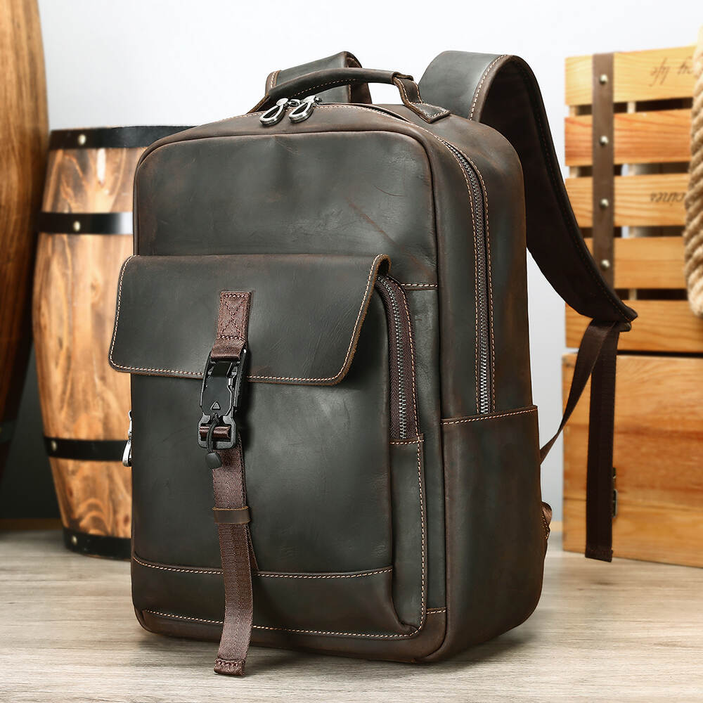 NIUCUNZH Vintage Crazy Horse Genuine Leather Backpack Men High Quality Laptop Backpack Leather Business Travel Backpack for Men