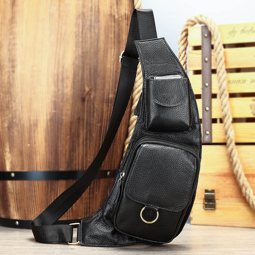 NIUCUNZH Genuine Leather Sling Bag One Shoulder Daypack Sport Travel Men Cross Baody Bag Leather Chest Bag Men