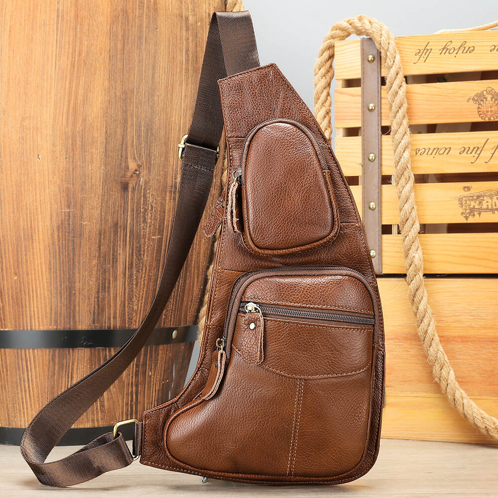 NIUCUNZH Men Leather Cross Body Chest Bag One Shoulder Travel Daypack Leather Sling Bags Genuine Leather Chest Bag