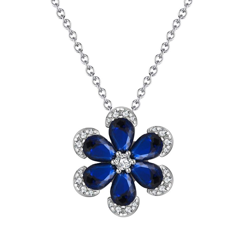 925 Sterling Silver and 8A Blue Sapphire and White Zirconia Pear Shape Flower Pendant Silver Necklace For Women