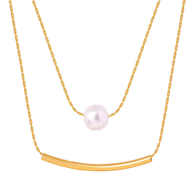 Stainless Steel Gold Plated Double Side Round Single Freshwater Pearl Pendant Necklace