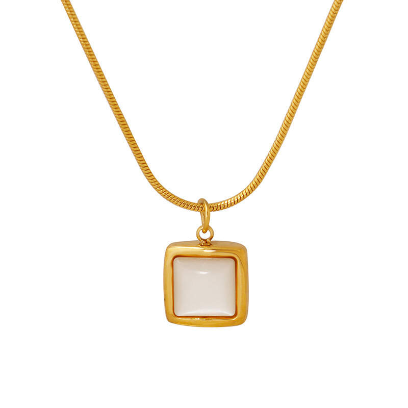 18K Gold Sweater Necklace White Seashell Hypoallergenic Square Pendant