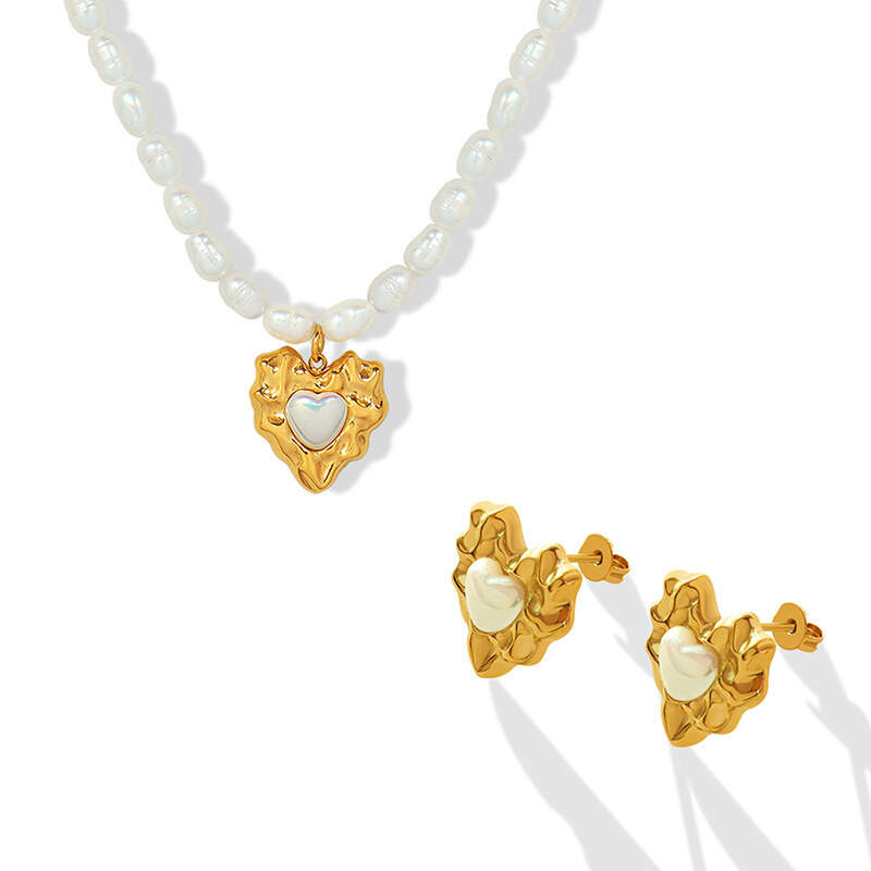 18K Gold Plated Hammered Heart Pendant Freshwater Pearl Necklace Trendy Earrings Stainless Steel Jewelry Set