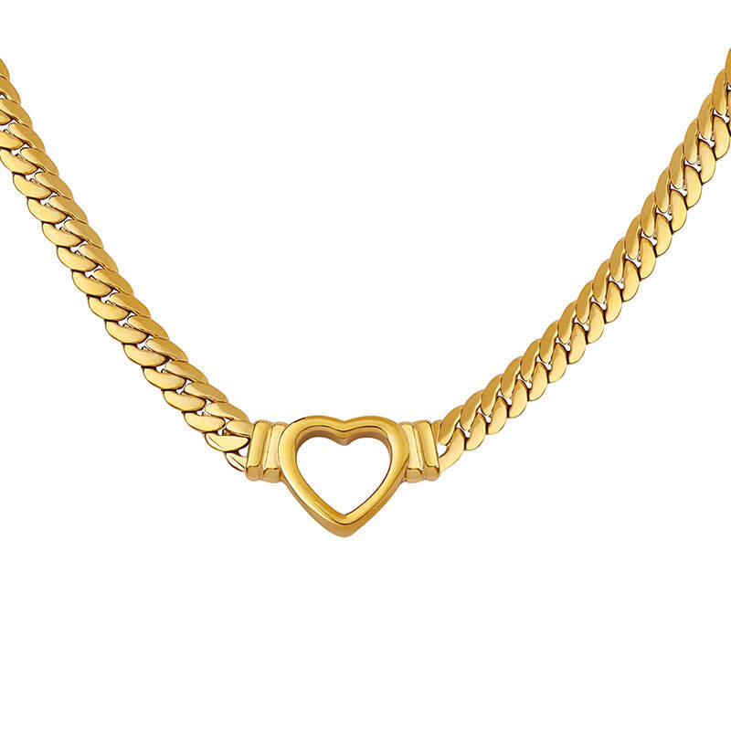 18K Gold Plated Stainless Steel Cuban Chain Hollow Love Heart Pendant Necklace