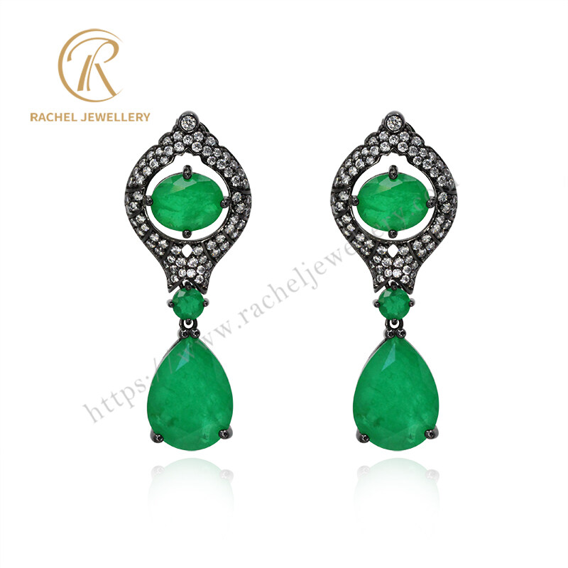 Magnificent Big Emerald Gemstone Retro Style Silver Earrings