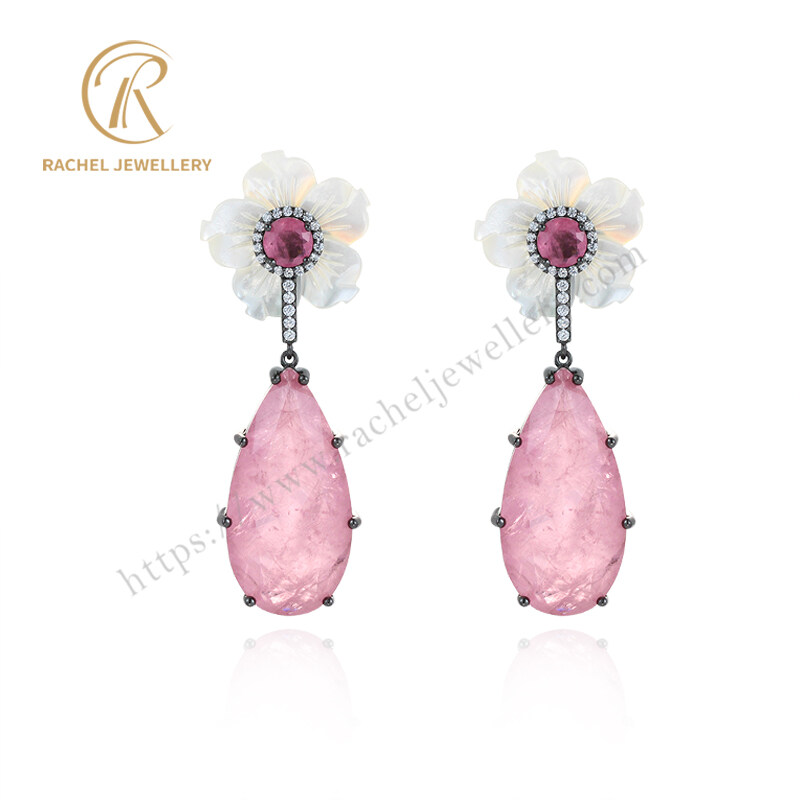 Luxury Super Rose Quartz Pear Drop Party Wearing Silver Earrings