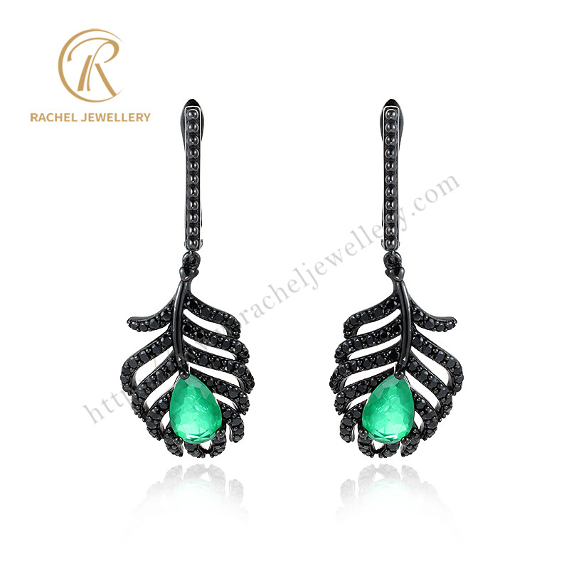 New Arrival Black CZ And Emerald Pear Drop Silver Earrings