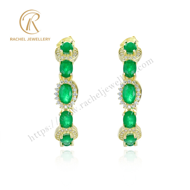Customer Designed Emerald Oval Shaped Silver Earrings Hoop