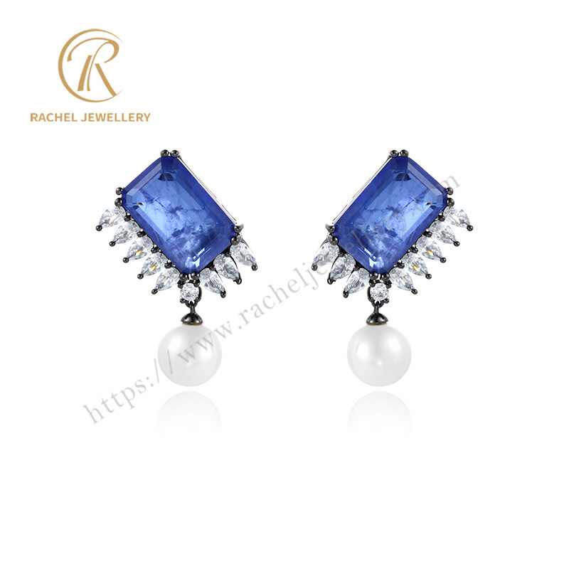 Gorgeous Big Sapphire Gemstone Pearl Silver Earrings For Party Wearing