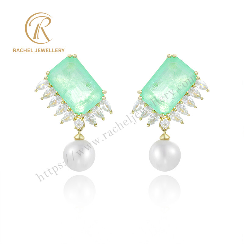 Luxurious Big Lake Green Gemstone Pearl Silver Earrings For Party Wearing
