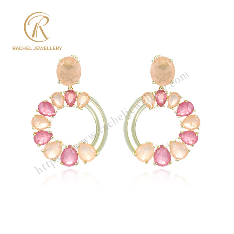 Customer Symmetric Design Candy Color Gemstone Silver Earrings