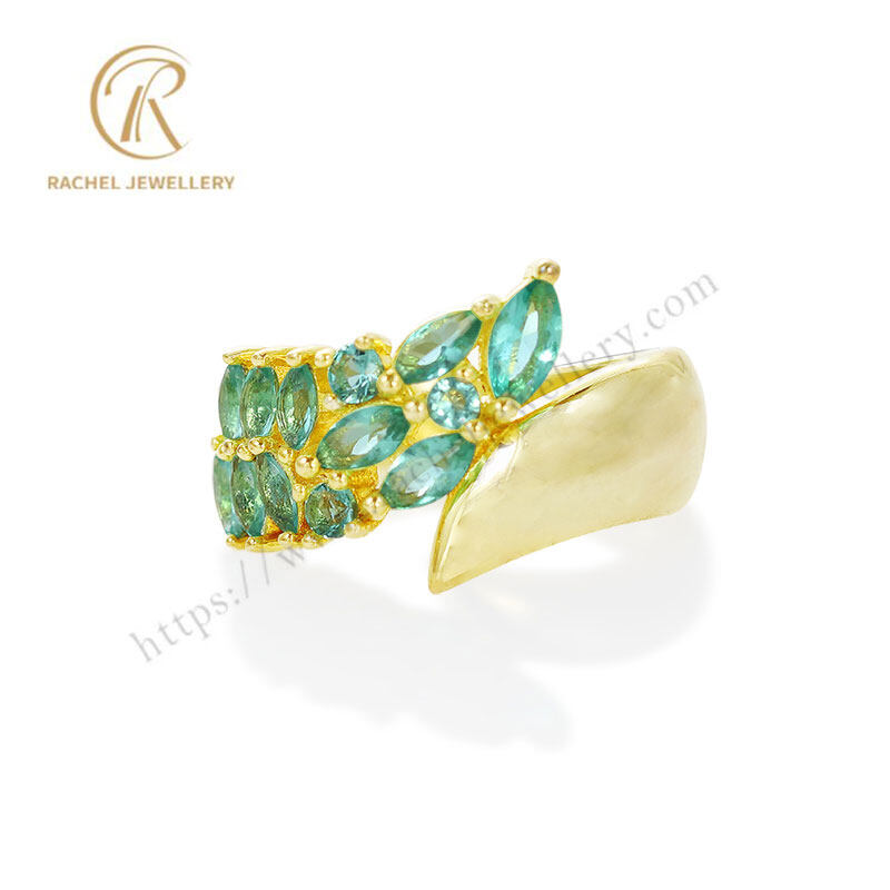 Lake Green Marquise Hand Setting 14K Gold Plated Sterling Silver Ring