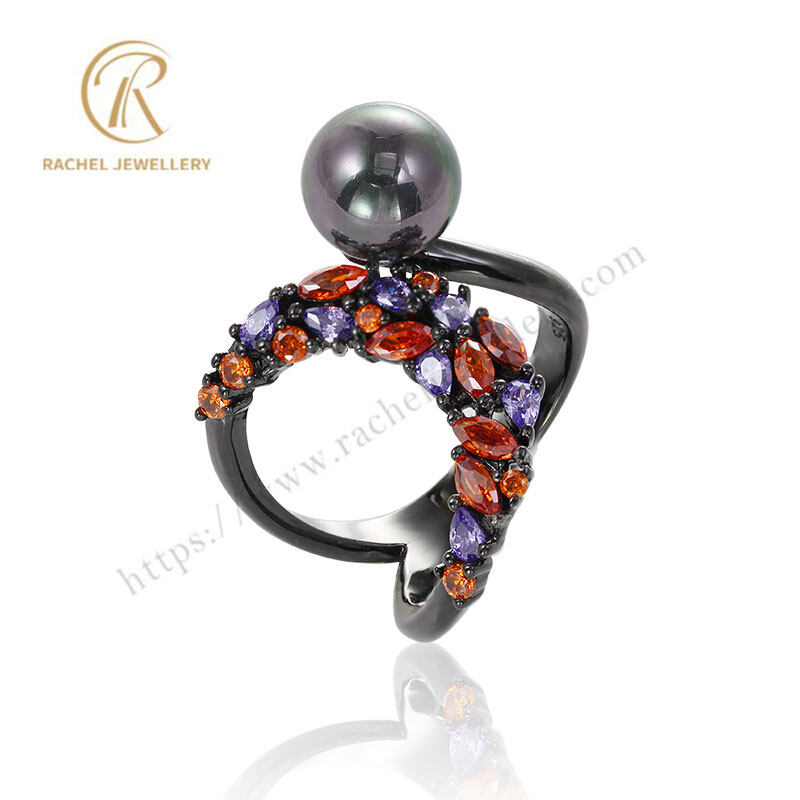 Multi-color Gemstone And Black Pearl 925 Silver Ring