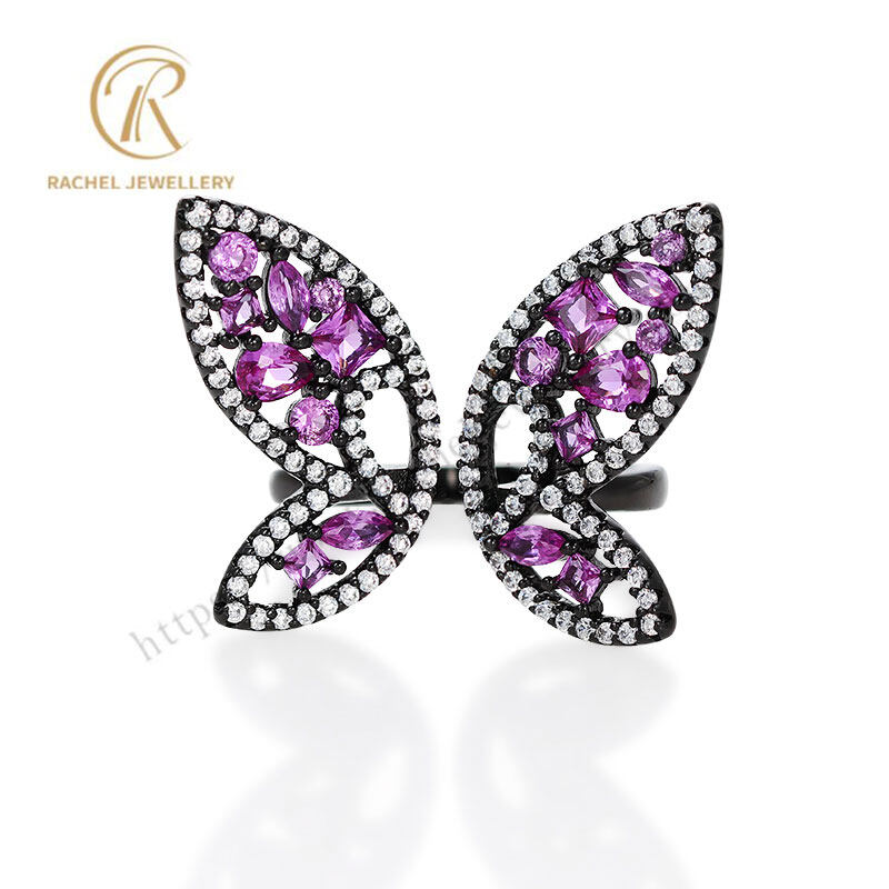 Classical Butterfly Ring Black Plated Rose Quartz Silver Ring