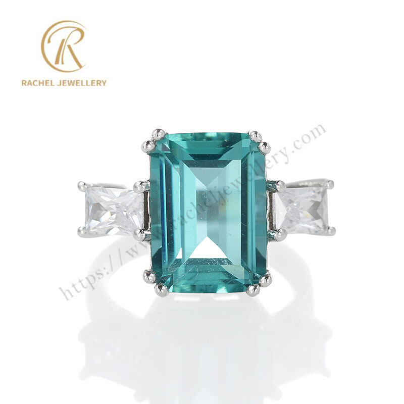 Super Sparkling Big Diamond Cutting Rectangle Nano Emerald Gemstone Silver Ring