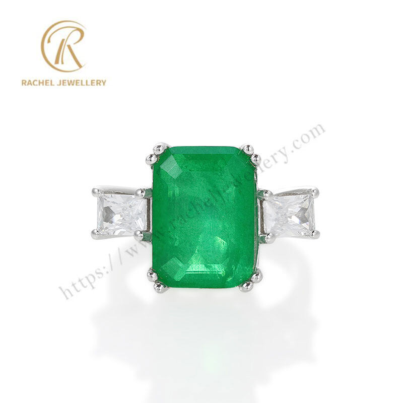 Royal Emerald Big Rectangle Hand Setting 925 Silver Ring