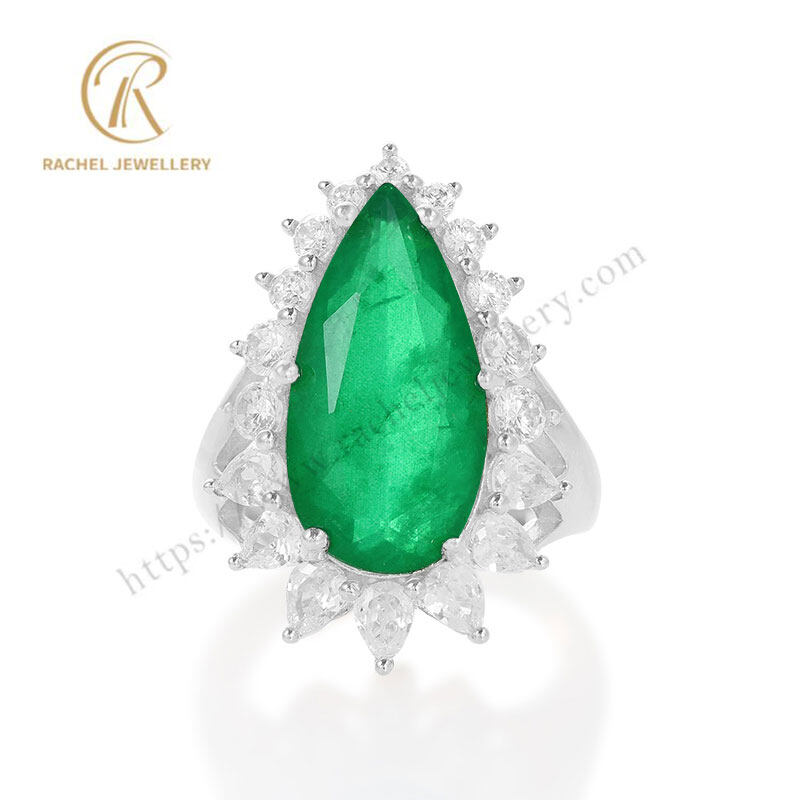 Big Emerald Pear Gemstone Sterling Silver Ring