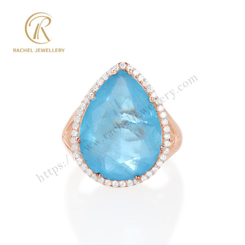 Hot Selling Jewelry Large London Blue Gemstone Rose Gold Plated Silver Ring