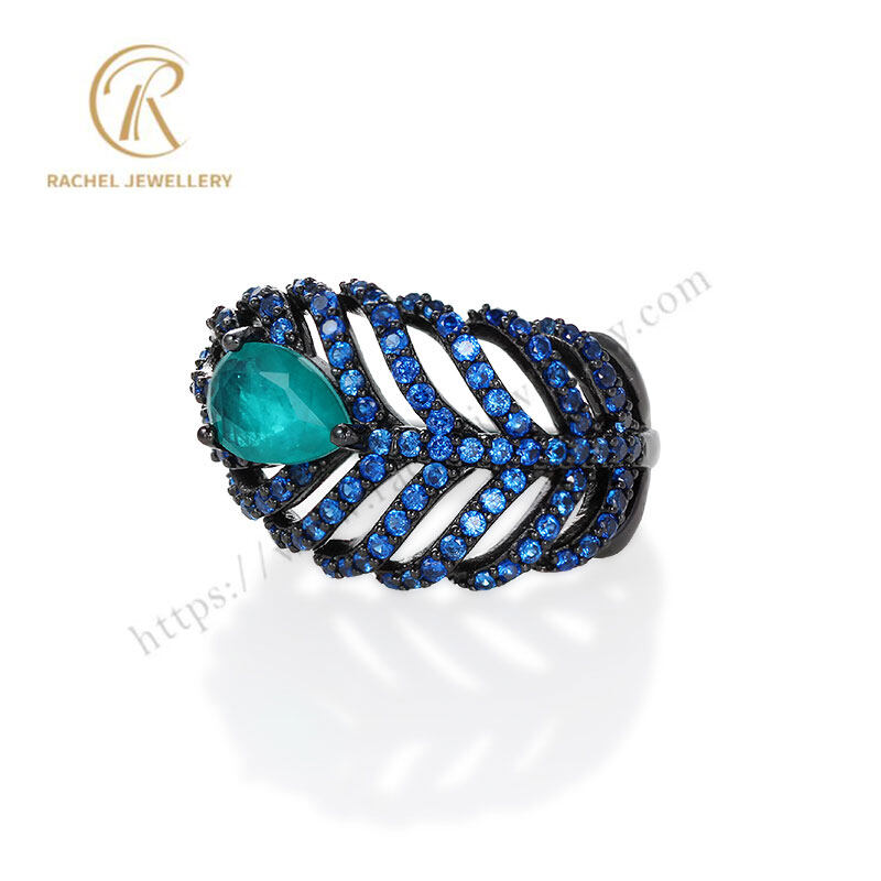 Classical Blue Spinel Feather Style London Blue Gemstone Silver Ring