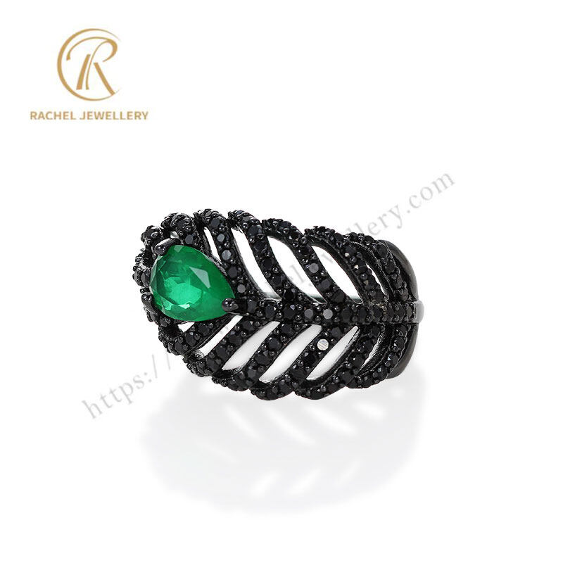 Classical Black Spinel Feather Style Emerald Gemstone Sterling Silver Ring