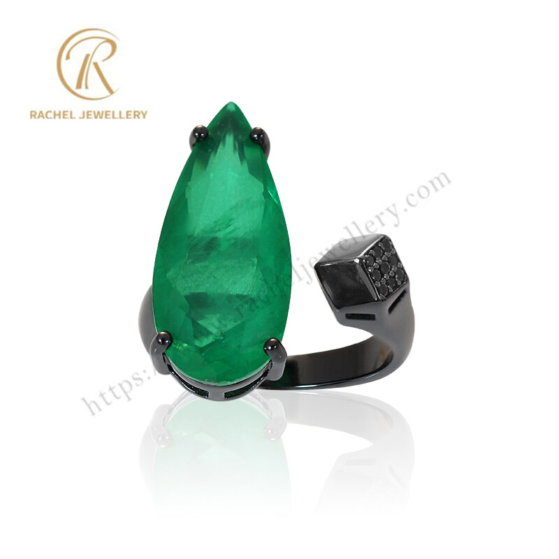 Customer Designed Super Big Pear Emerald Gemstone Open Silver Ring