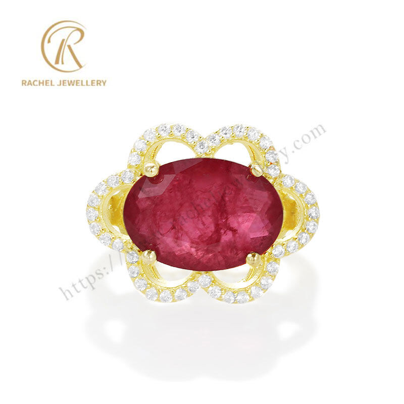 Fashion Large Ruby Oval Flower Sterling Silver Ring
