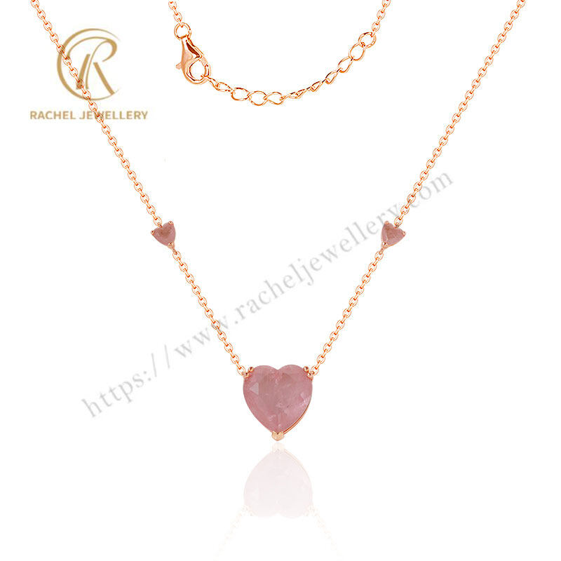Precious Rose Quartz Large Heart Drop Silver Necklace