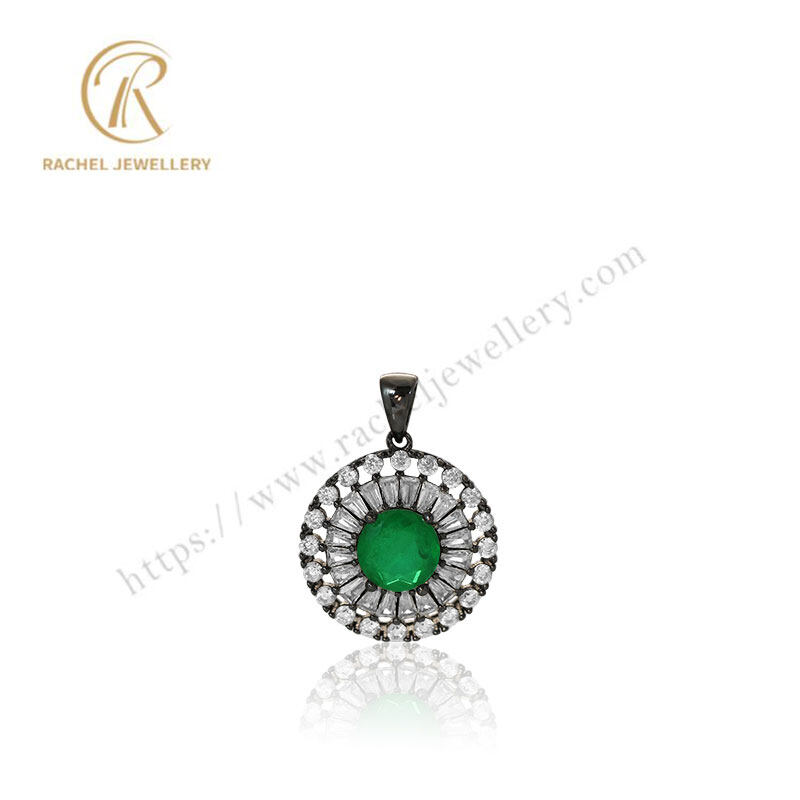 Sparking Round Emerald Black Plated 925 Silver Pendant