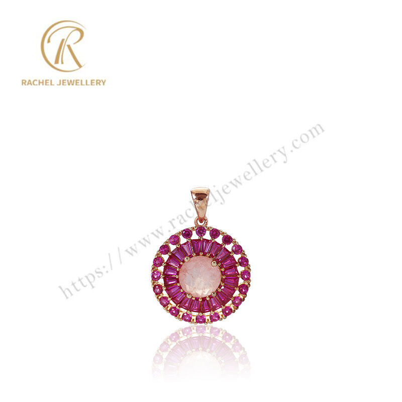 Rose And Ruby Gemstone Round Shaped Hand Setting Silver Pendant