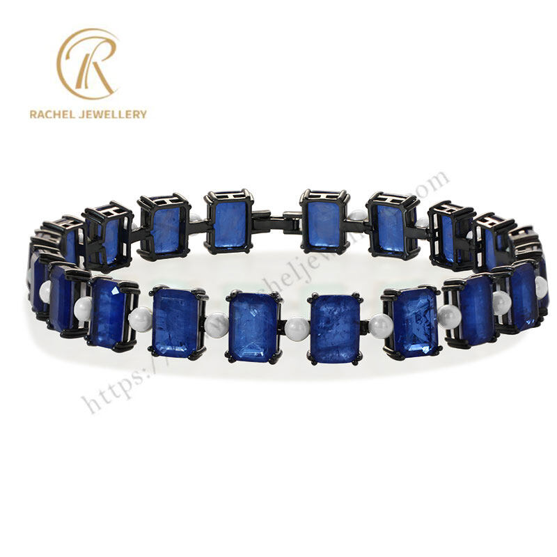 Luxurious Full Sapphire Rectangle Gemstone And Pearl Silver Necklace