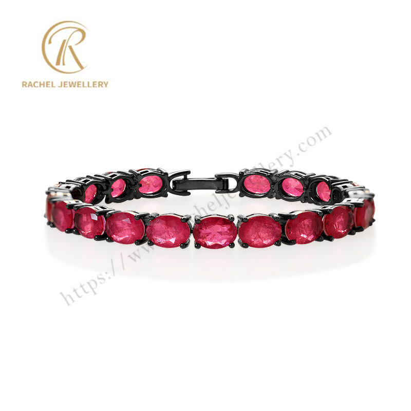 Classical Four Prong Setting Ruby Oval Gemstone Silver Bracelet