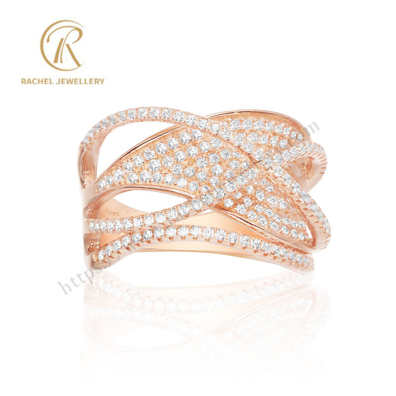 Luxury double Two layer solid White CZ Rose Gold Women Silver Ring