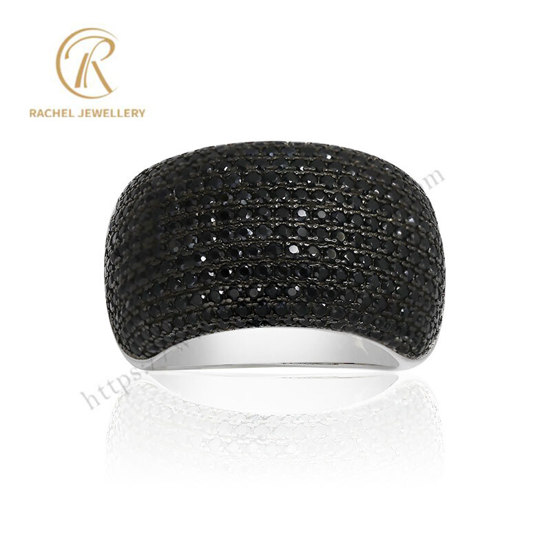 Full Round Black Spinel Micro Setting Big Silver Ring
