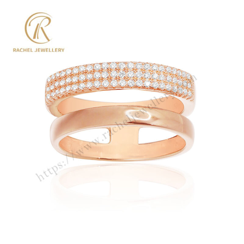 Popular Half Stone Half Plain Silver Ring In Rose Gold Plated