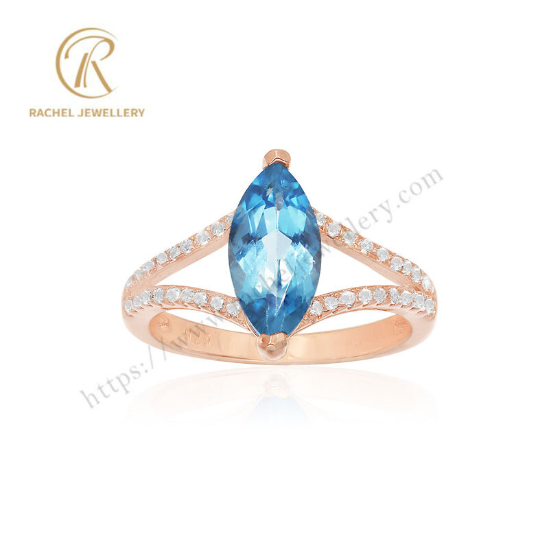 Elegant Simple Marquise Prong Setting Blue Topaz Silver Ring