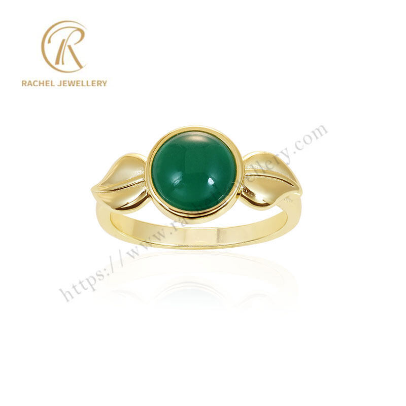 Rachel Jewellery Customized Green Glass Design 925 Silver Leaf Ring Yellow Gold Plated