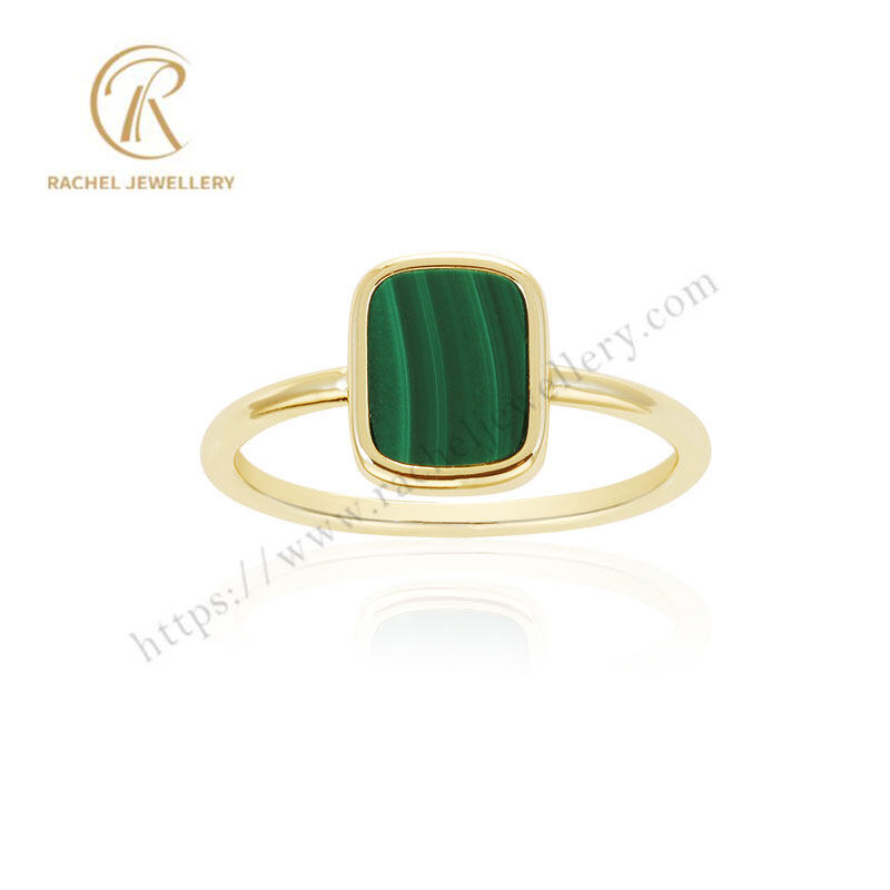 Rachel Natural Malachite Flat Square Design 925 Silver Ring Yellow Gold Plated