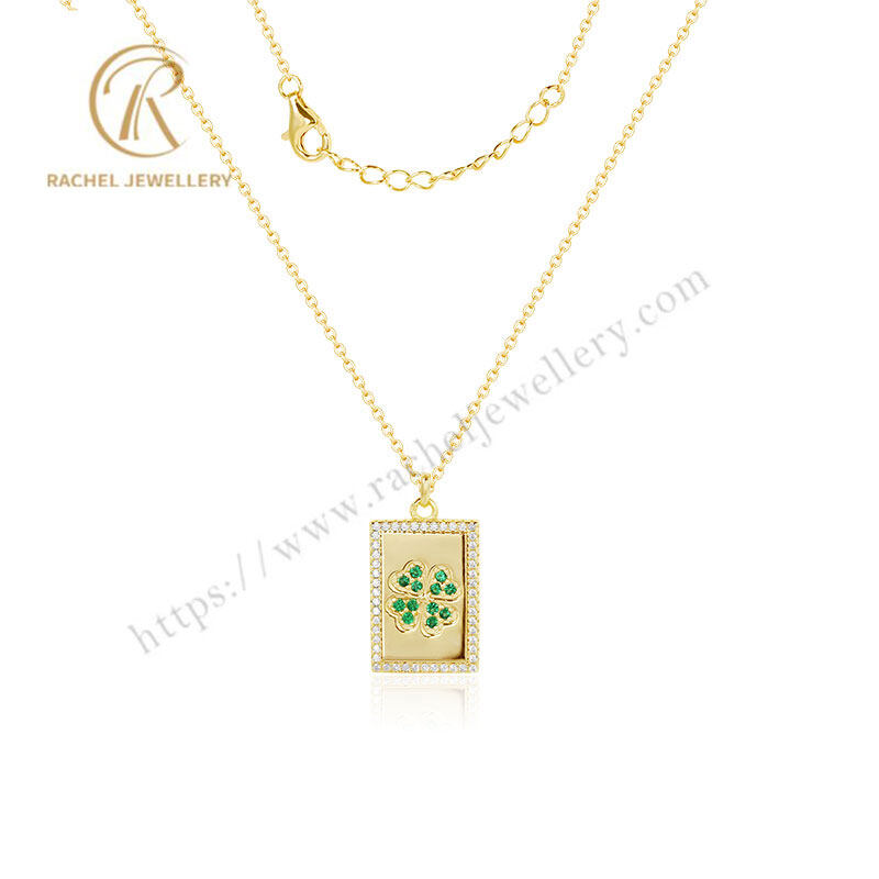 Rachel Nameplate Lucky Four Leaf Clover Design 925 Silver Necklace